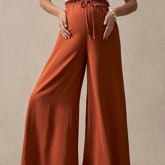 Maternity Rust Brown Casual Women's High Waist Wide Leg Pants - Picture 7 of 7